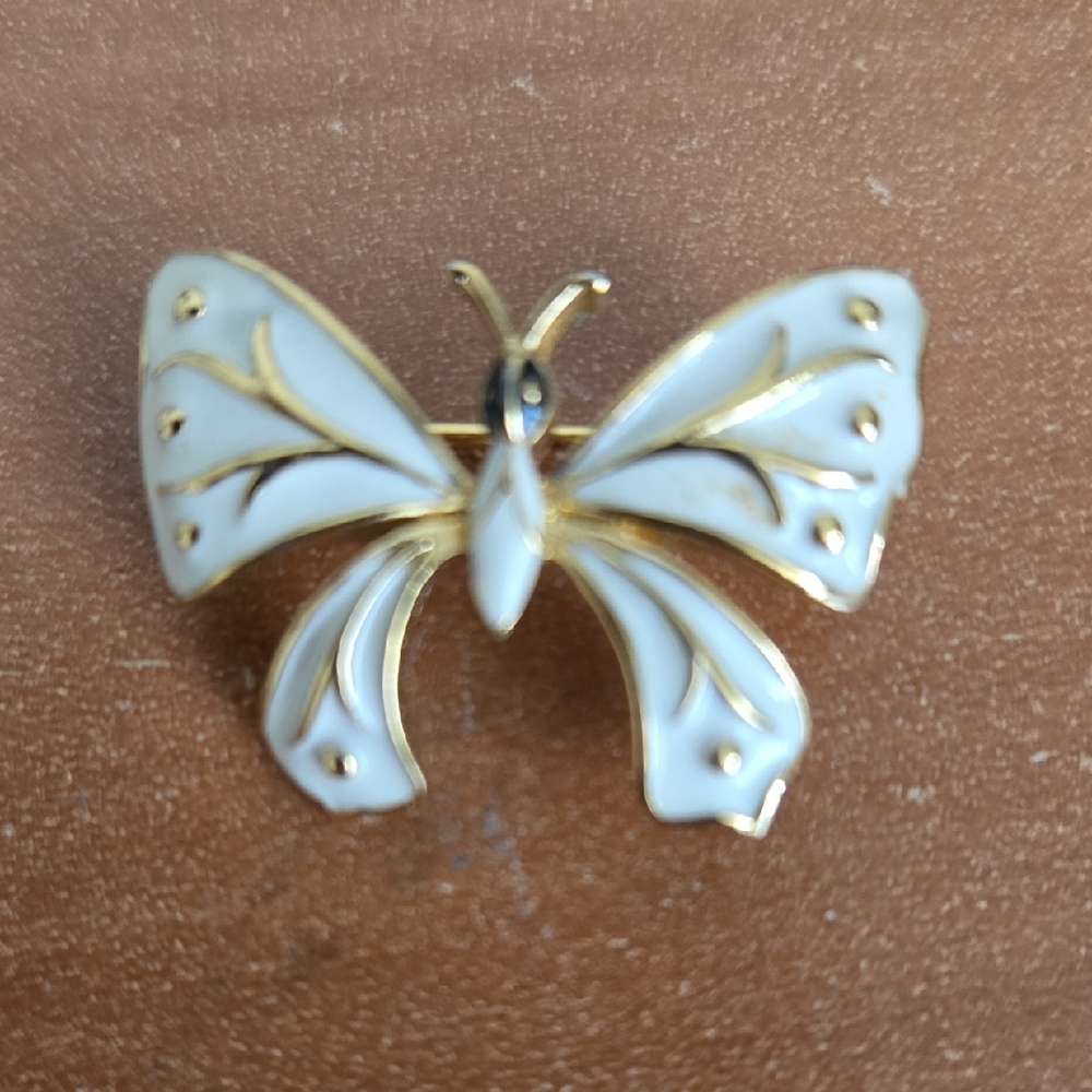 D'Orlan Vintage Chic Gold and White Butterfly Brooch